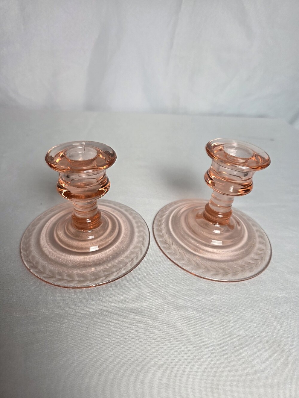 Vintage Pink Depression Glass Etched Floral Set Of 2 Candle Stick Holders